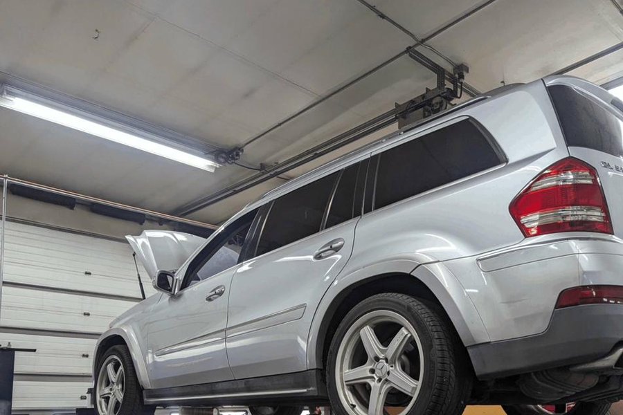 Mercedes-Benz on lift at Lux AutoHause