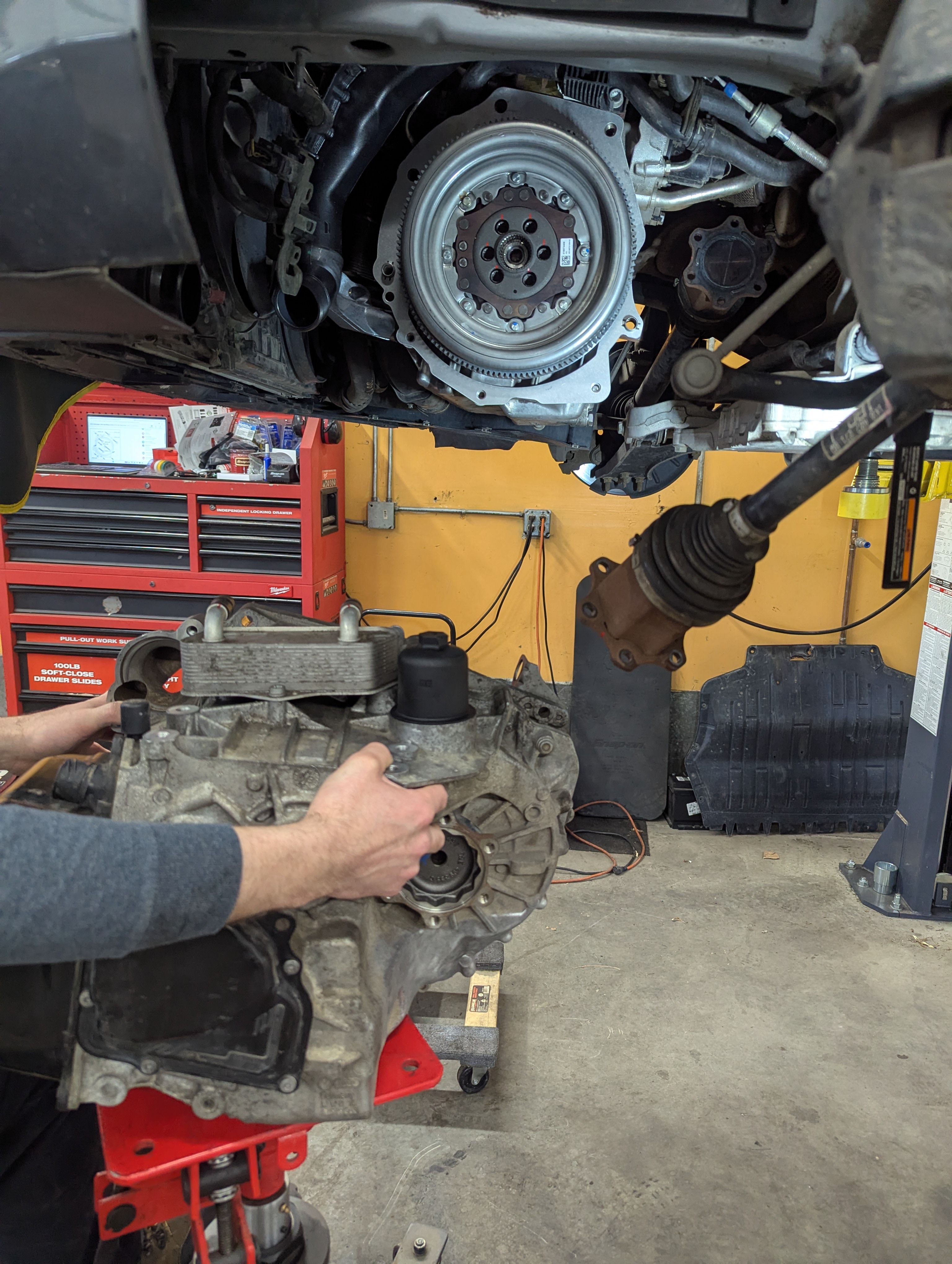 Transmission removal on a Volkswagen Jetta TDI at Lux AutoHause